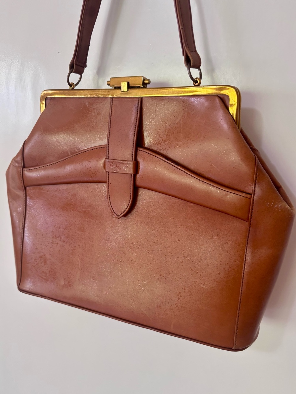 Letisse| Vintage Cognac Genuine Leather Frame Top Handle Handbag Satchel 60s 70s - Picture 3 of 8